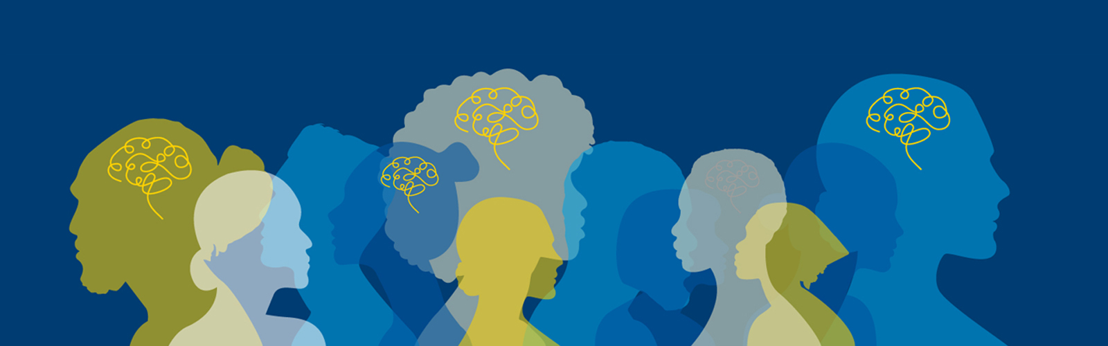 Graphic illustration with profiles of individuals in blue, gold and gray against a dark blue background with simple line illustration of a brain in some of the profiles.