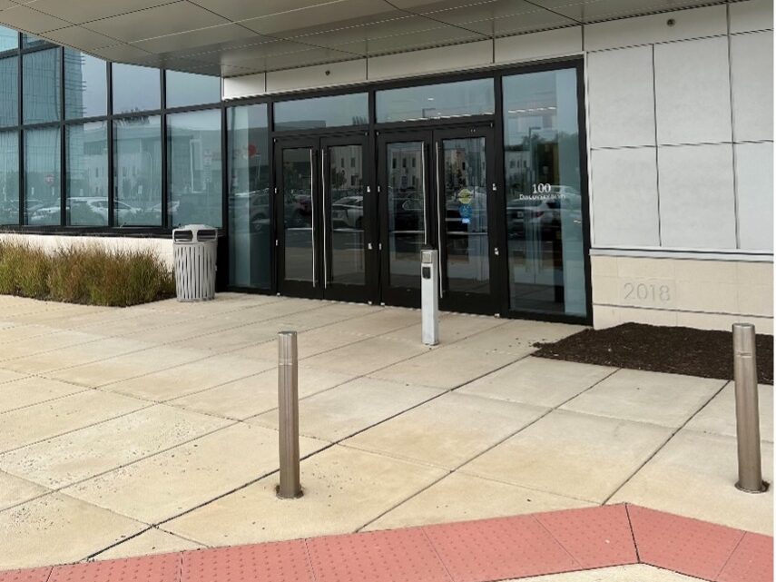 Entrance doors to the STAR Tower building at the University of Delaware's STAR Campus